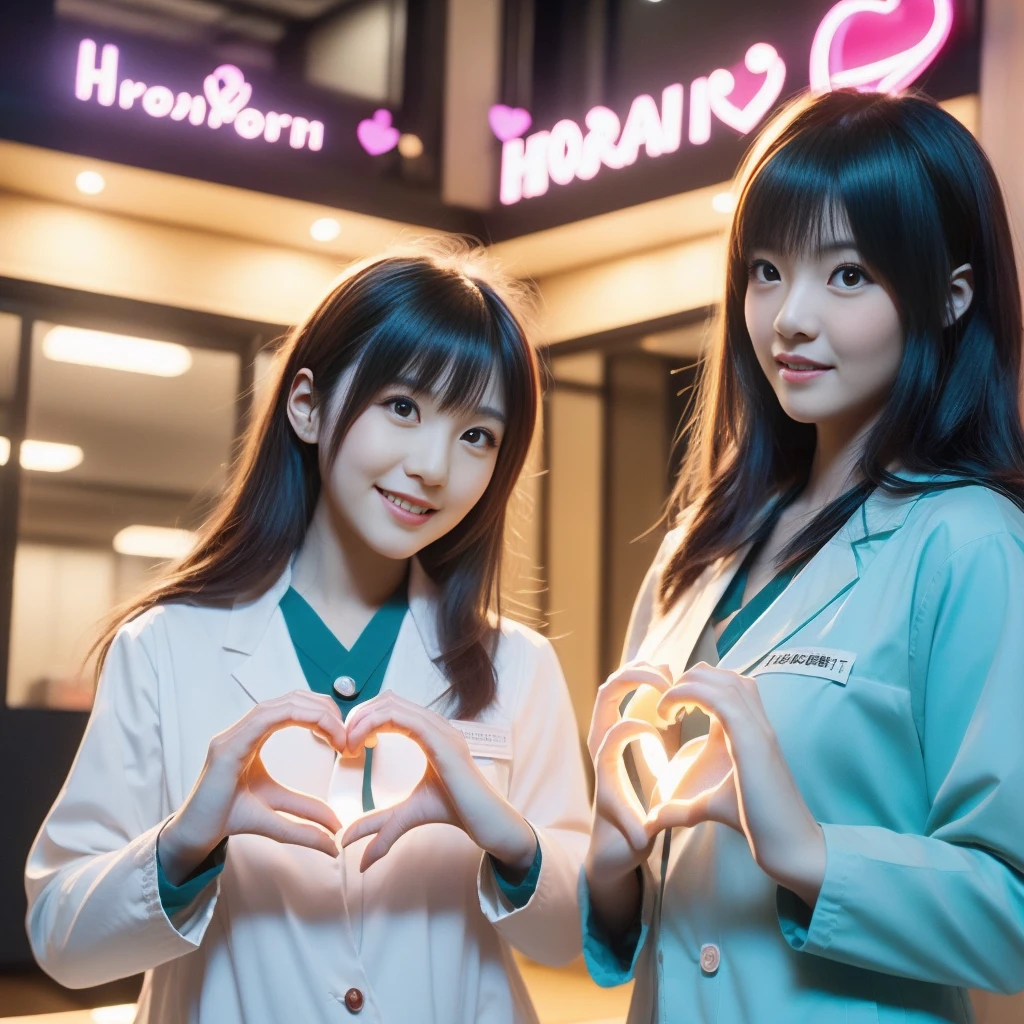 Beautiful Japanese female doctor wearing (white labcoat) and teal scrubs making (heart hands duo:1.47) gesture with cute Japanese female nurse wearing pink nurse uniform , beautiful detailed face, Japanese woman, pale skin, realistic skin, detailed cloth texture, detailed hair texture, Perfect proportion, Beautiful Face, accurate, Anatomically correct, Highly detailed face and skin texture