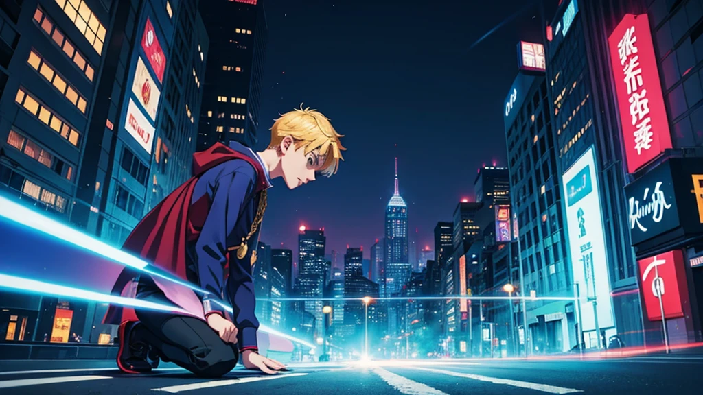Create hero anime lofi background with lit background and priest character and add city to background