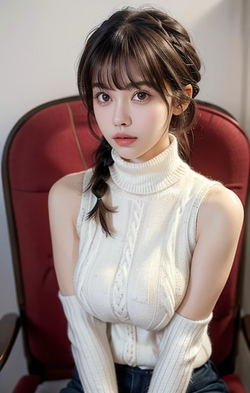 ( masterpiece, precise, Anatomically_correct, Texture_skin, excellent_detail, the best_quality, 1080P, HD, 4K, 8K, 16K), (beautiful_detailed_Eyes, beautiful_detailed_Lips, extremely_detailed_Eyes_and_Face), Soft_light, Physically based_Rendering, vivid_color, (Large target_breast:1.5), (short hair_thin braids_Bun hairstyle), (shining_hair, shining_skin, Face红), (Bangs:1.5), Eye_reflection, (Bokeh), 微lol_and_lol, (sleeveless_turtleneck sweater_knitting:1.5) ,(sit on the chair,Spread your legs,Look at pubic hair),