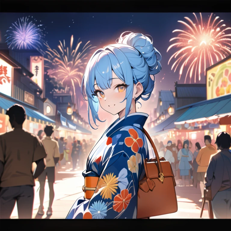 (best quality,8k,highres, masterpiece:1.2), (anime style),ultra-detailed, HDR, UHD, studio lighting, ultra-fine painting, sharp focus, physically-based rendering, extreme detail description, professional, vivid colors, bokeh, portraits, concept artists, warm color palette, dramatic lighting,Summer festival night,1 beautiful woman,(blue flower pattern kimono),updo, big smile, closed eyes, (The cityscape lined with the fairs of summer festivals),(beautiful hair, glowing skin,),(Silhouette of a passing crowd),(fireworks in sky background),Holding a Hermès Kelly Bag