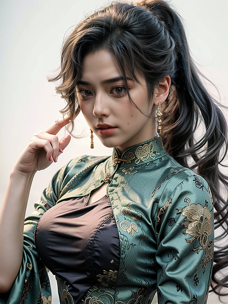 ((Best Quality, 8K, Masterpiece:1.3)), (Large Breasts:1.3), (Huge Breasts:1.3), Reality, (Detailed:1.4) A woman with green dress and red glasses posing at the room, standing, fashion cheongsam, green cheongsam, beautiful woman, a woman with long hair, ponytails, green blue hair, smooth hair, detailed hair, a woman with eyes shadow and double eyelids, detailed face, perfect body, nice thigh, thick thigh, nice booty, perfect butt, 1girl, beauty earing, woman with bag in hand, beautiful alluring woman, maya fey from ace attorney, seductive girl, beautiful alluring girl teen, attractive girl, UHD, Ultra Realistic, extremely detailed, tfft 