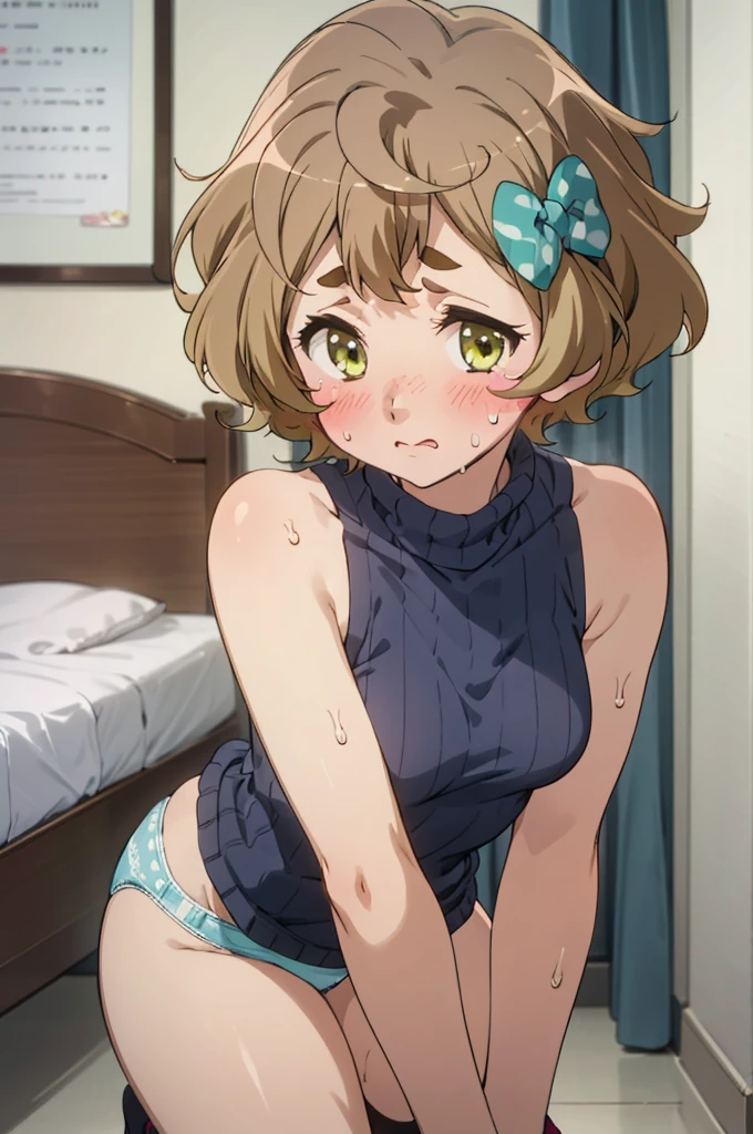 solo, 1girl, looking at viewer, , sapphire kawashima, ,(((Sweating,blush))),my room,,socks,small breasts,nsfw,,panties,sleeveless,sweater