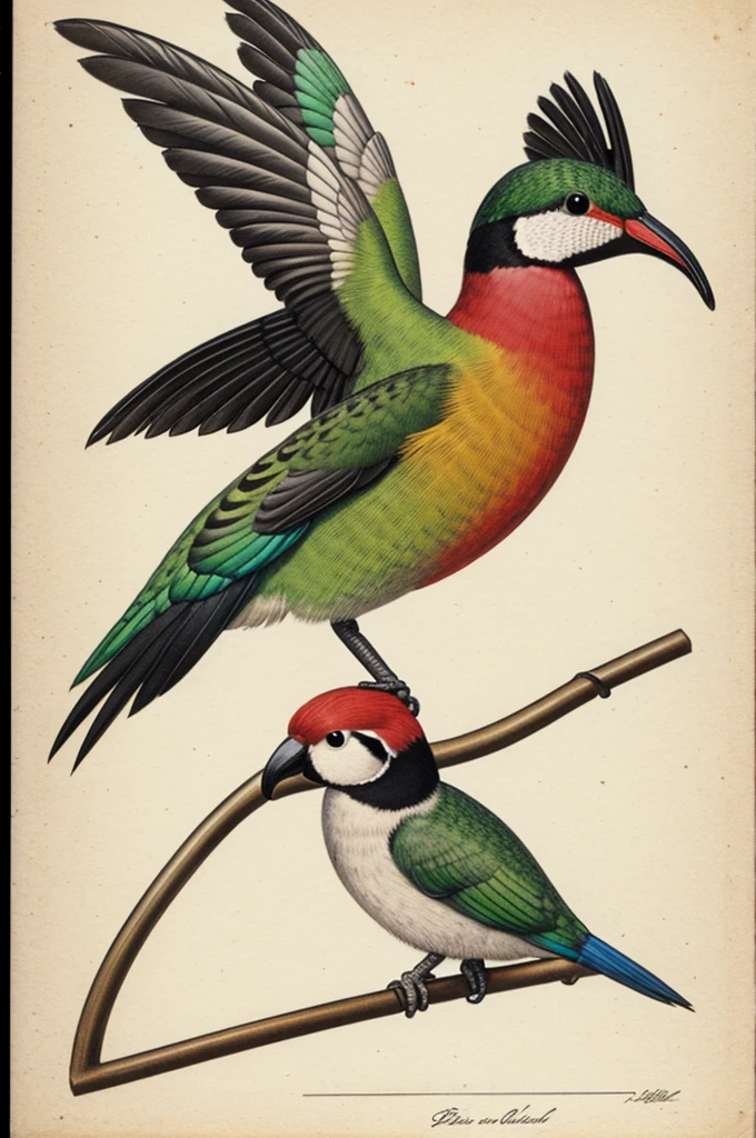 Bird with duck legs, parrot beak, rounded tail hummingbird feathers