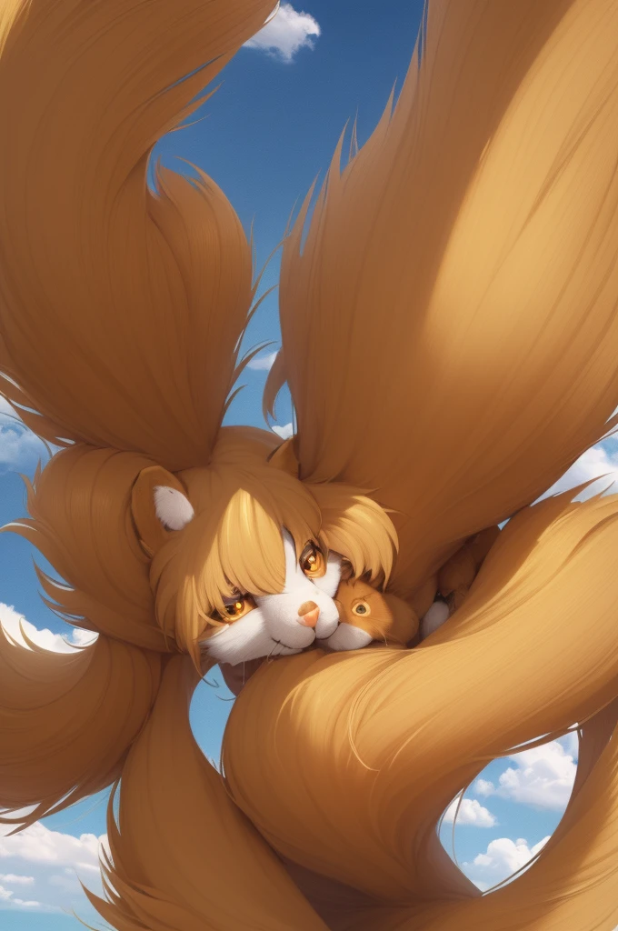 fox girl, ((((furry))), furry, golden fur, long blonde hair, golden fur all over, golden fur on the hands, hands of the forelimbs, golden fur on the back of the hands, palm skin, eyes with light, reddish-orange eyes, super cute face, Brown elements on leather.., ambient light, Super fine fur, volumetric light, evening, playa, Clouds in the sky, Blue day, natural lighting, SMILE, fluffy tail, bright pupils, naked, Is standing,vagina with a , big breasts