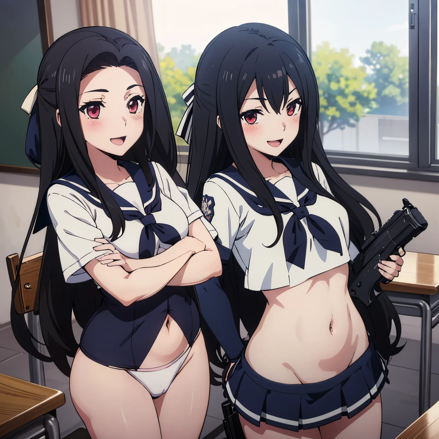 2girl, two girl , evil smile, smile, blush, lipstick, long hair, masterpiece, best quality, highly detailed, a anime girls in sailor uniforms with a gun posing for a picture, evil smile, smile, open mouth,black_serafuku, ecchi anime style, anime girls , ecchi style, ecchi, shipgirls, digital anime art!!, high school girls, holding a gun, hold a gun, anime style 4 k, micro skirt, exposed belly, exposed navel, exposed midriff, exposed lower belly,school, classroom
