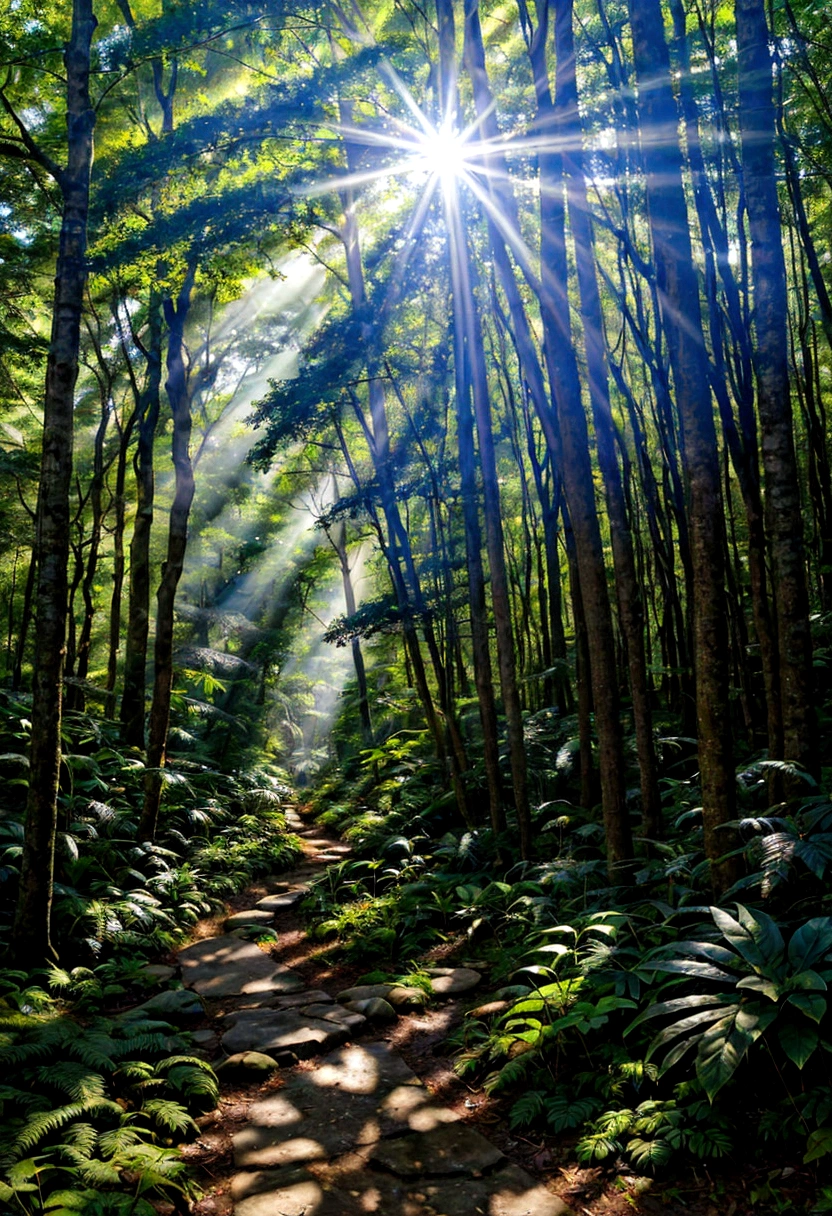 Detailed trail leading to the forest,Lush green landscape,Tall trees and dense foliage,Sunlight casts soft rays through the leaves,serene and peaceful environment,clear blue sky with white fluffy clouds,crunching of leaves underfoot,surrounded by the sounds of nature,Stunning landscape,vivid colors,Paint-like texture and style,Harmonious mix of warm and cold tones,Subtle play of light and shadow.