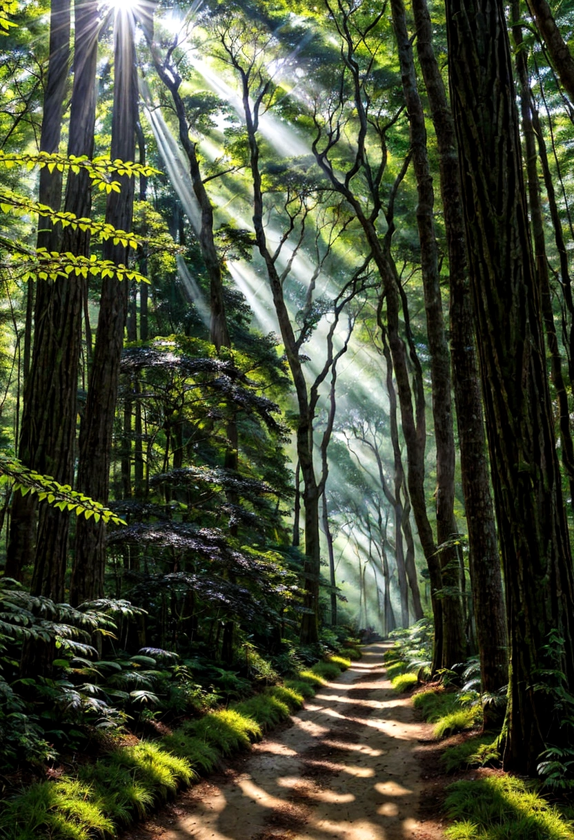 Detailed trail leading to the forest,Lush green landscape,Tall trees and dense foliage,Sunlight casts soft rays through the leaves,serene and peaceful environment,clear blue sky with white fluffy clouds,crunching of leaves underfoot,surrounded by the sounds of nature,Stunning landscape,vivid colors,Paint-like texture and style,Harmonious mix of warm and cold tones,Subtle play of light and shadow.