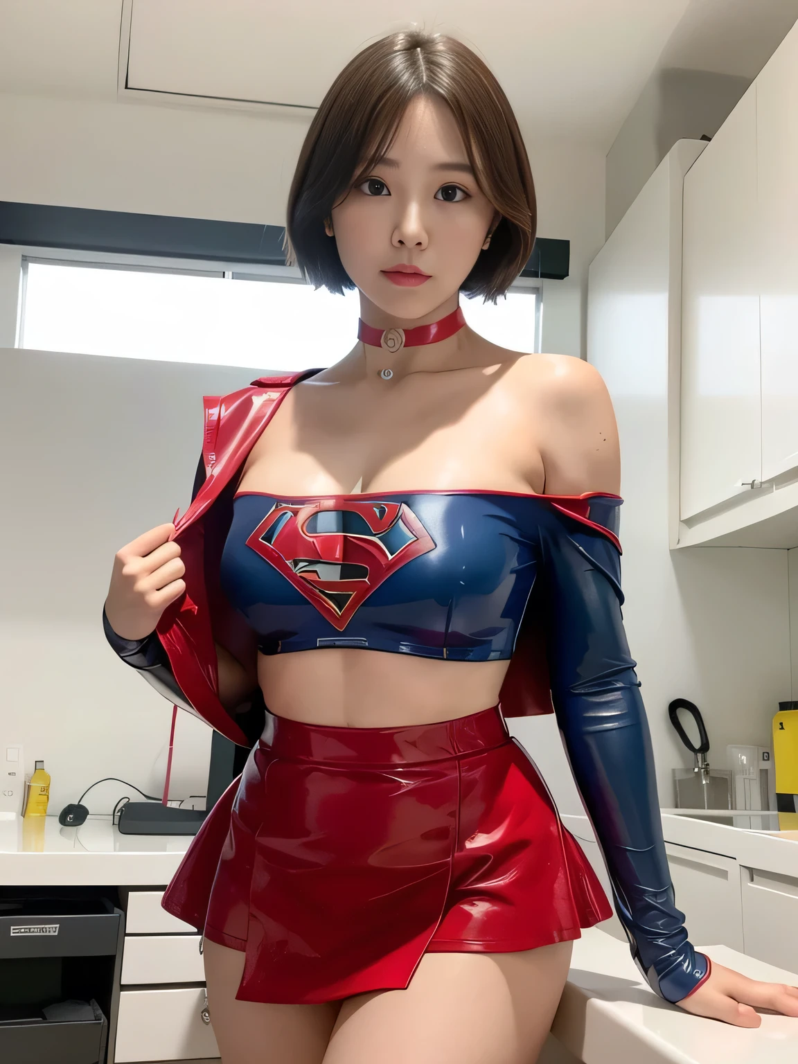 masterpiece、Supergirl Costume、short hair、operating table、Crisis situation、Big and ample breasts、choker、Long sleeve、Red mini skirt、Looking at the camera、Research Room、Messy lab equipment、Inspection equipment、Medical equipment、Medical practice、Physical examination、latex、A seductive and seductive pose、Off the shoulder、Model Body Type、