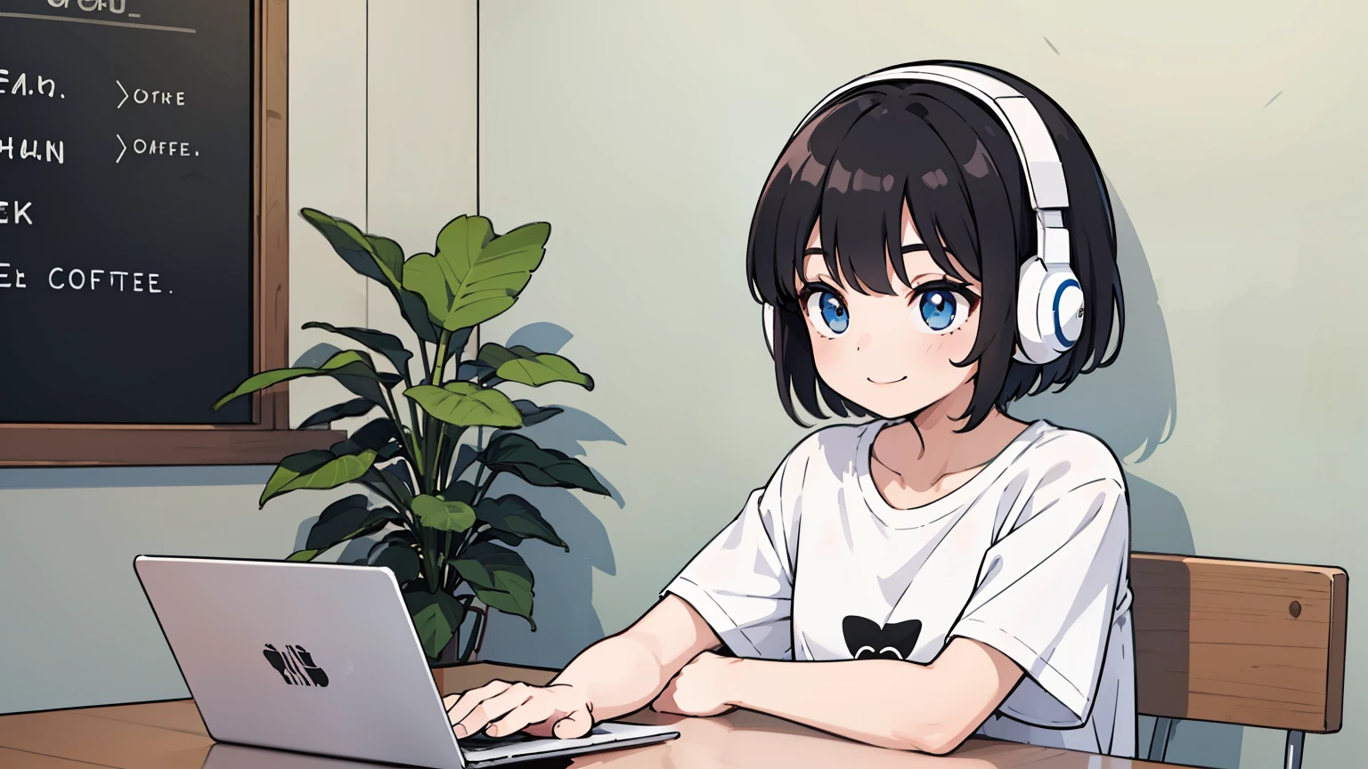 1girl, solo, blue eyes,(detailed eyes), gentle smile flat chest, short hair, black hair, ((white t-shirt)), simple t-shirt, black skirt, black socks, upper body, ((masterpiece, illustration, best quality)) sitting on a coffee shop with her coffee and working on her laptop and wearing white headphones