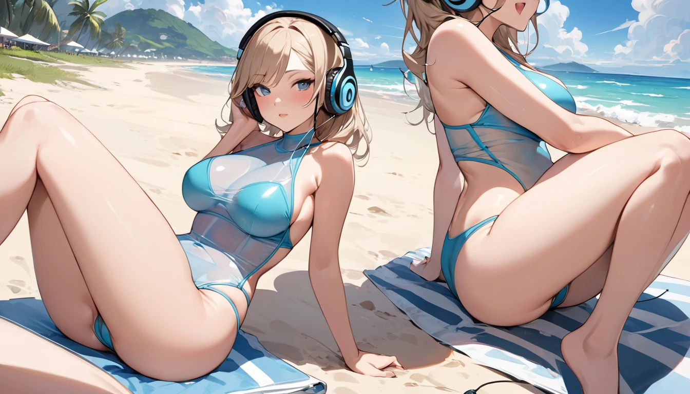 ((Top Quality)), ((Masterpiece)), ((Detail)), Perfect face, Perfact bodty, sitting on the beach, listening to music, wearing headphones, wearing swimsuits, swimsuits are transparent, legs open Sitting wide open, wearing tight clothing (yes, buttocks and breasts are exposed). I see a face, one women