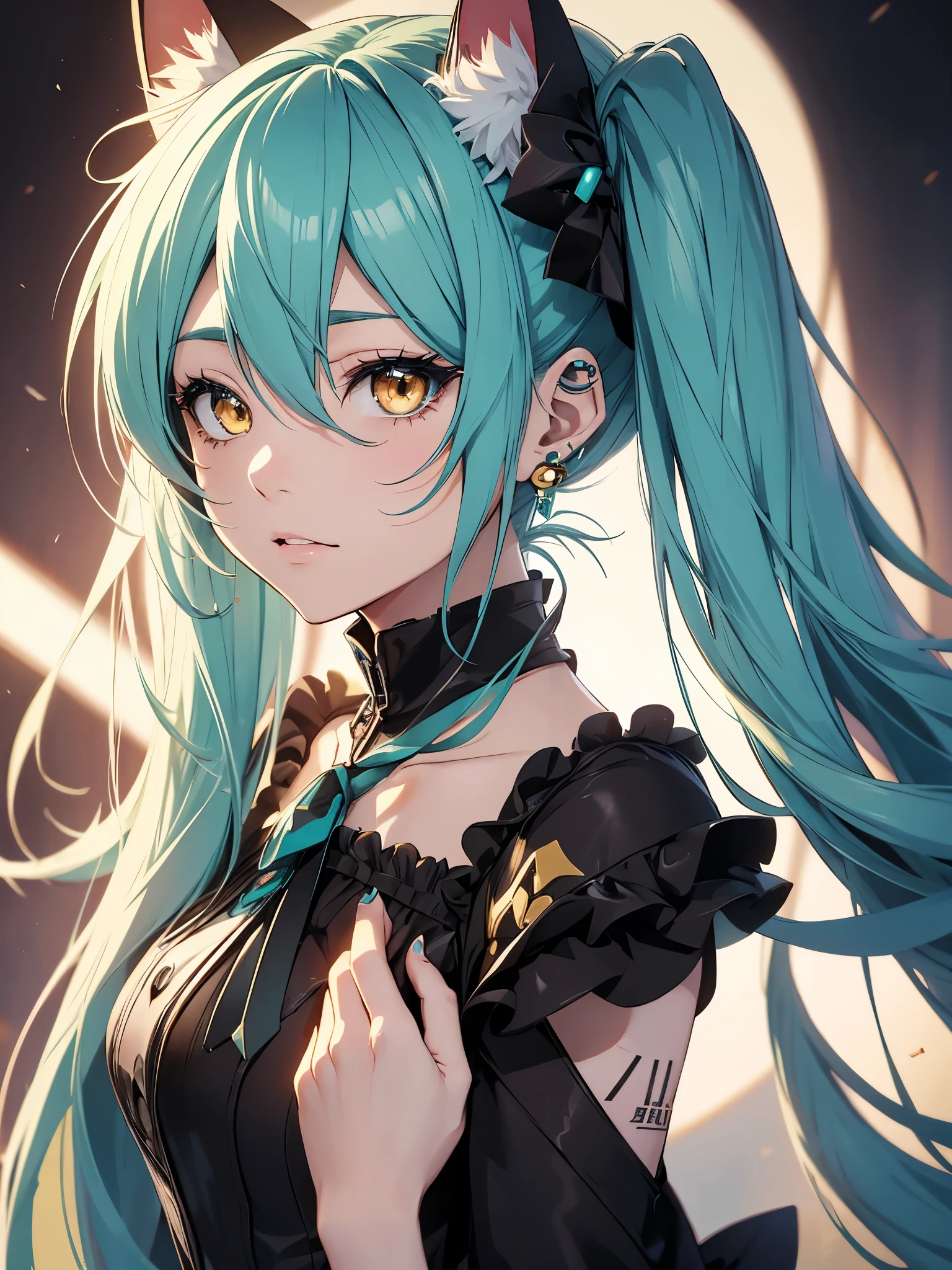 Hatsune Miku, makeup, earrings, yellow eyes, cat ears