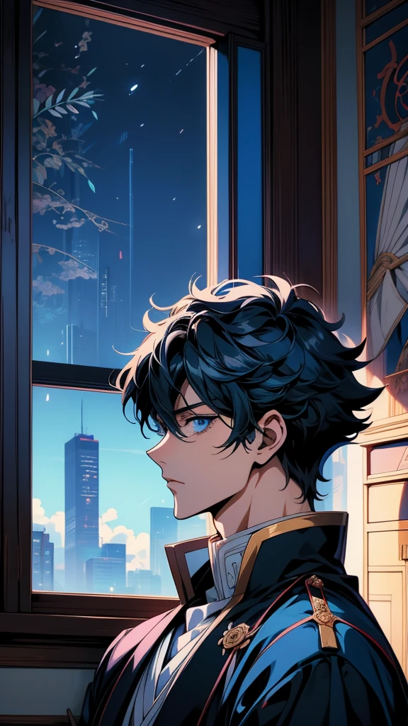 Anime Shōnen with blue eyes staring out of a window, Tall anime guy with blue eyes, 2D Anime Style, inspired by Okumura Masanobu, Anime Shōnen, inspired by Okumura Togyu, In anime style, Inspired by Hiro Yamagata, Male Anime Style, Young Anime Guy, Profile shot, Anime Wallpaper