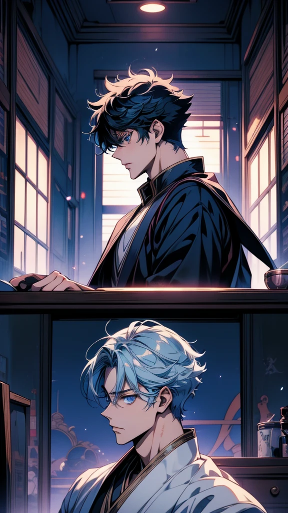 Anime Shōnen with blue eyes staring out of a window, Tall anime guy with blue eyes, 2D Anime Style, inspired by Okumura Masanobu, Anime Shōnen, inspired by Okumura Togyu, In anime style, Inspired by Hiro Yamagata, Male Anime Style, Young Anime Guy, Profile shot, Anime Wallpaper