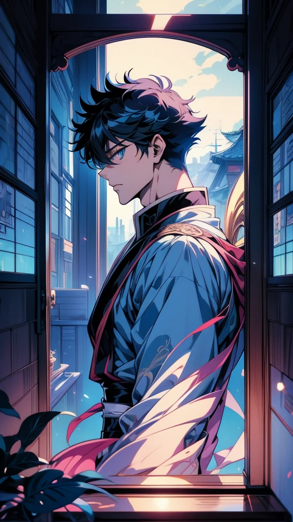 Anime Shōnen with blue eyes staring out of a window, Tall anime guy with blue eyes, 2D Anime Style, inspired by Okumura Masanobu, Anime Shōnen, inspired by Okumura Togyu, In anime style, Inspired by Hiro Yamagata, Male Anime Style, Young Anime Guy, Profile shot, Anime Wallpaper