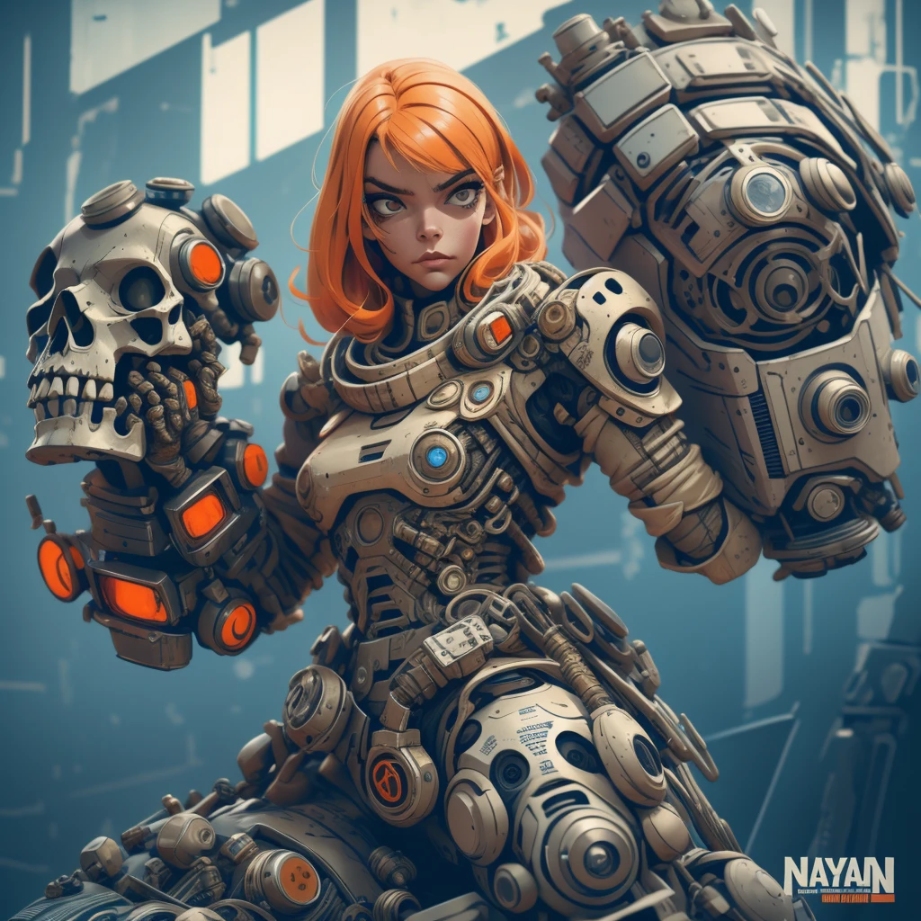 A highly detailed and realistic skull girl,( Anya. Taylor Joy) cyberpunk character, mad max furiosa, one hand robot, cyborg arm, orange hair, dramatic metal heavy rock theme, best quality, 8k, hyperrealistic, photorealistic, extreme detailed painting, studio lighting, vivid colors, dark moody atmosphere, cinematic, dramatic pose, intricate mechanical details, glowing energy effects, intense gritty textures, seamless integration of organic and inorganic elements. Wearing the used clothes of a wastelander. Background: An apocalyptic wasteland. Dusty and depressing.