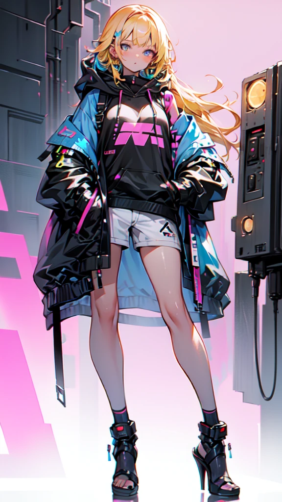 a girl with long yellow hair, blue eyes, wearing an orange hoodie and black heels, in a cyberpunk setting with her hand in her pocket, pink background
