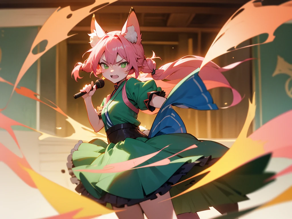 kitsune idol in a tavern, foxgirl, fox ears, fox tails, pink hair, green eyes, light blue idol dress, tavern background, high quality, masterpiece, angry face