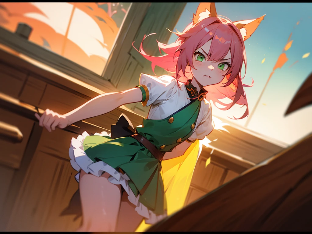 kitsune idol in a tavern, foxgirl, fox ears, fox tails, pink hair, green eyes, light blue idol dress, tavern background, high quality, masterpiece, angry face
