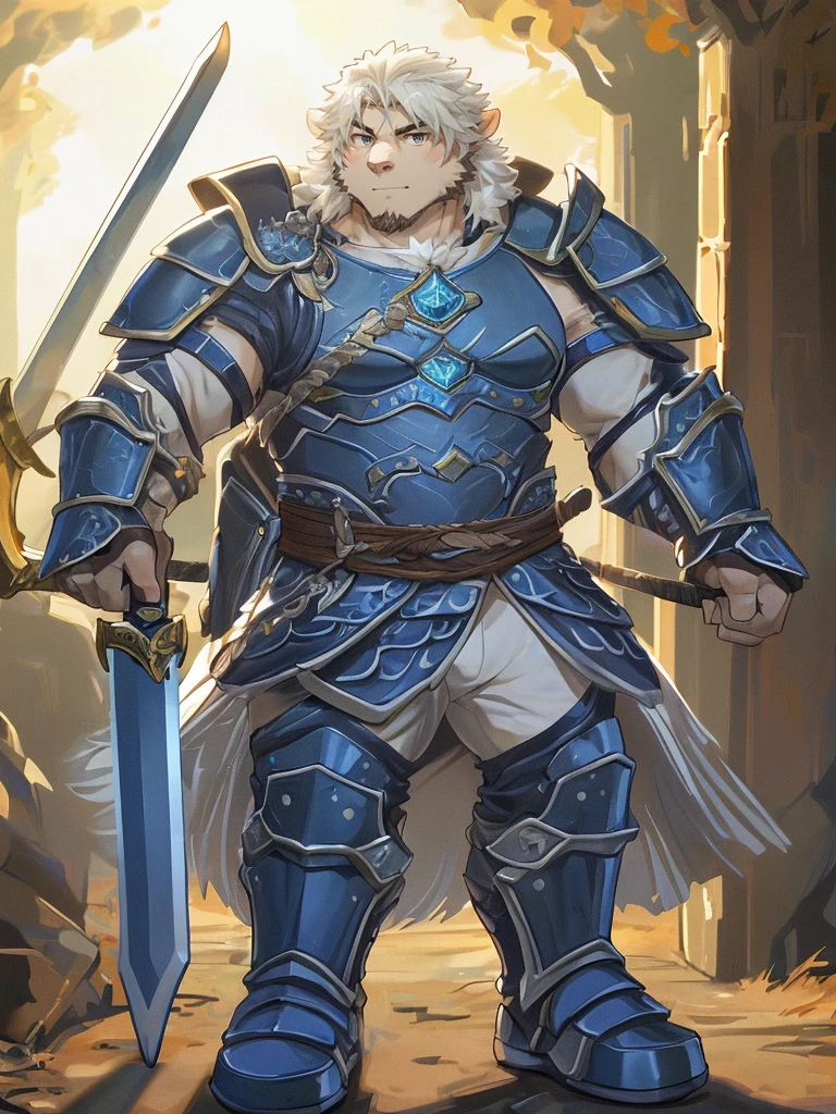 (((a furry sheep))), white fur, (((shoulder long silky hair))), (((handsome, slim fit, small face, ikemen))), paladin, (((white sheep))), ((dark blue armor)), full body, tall, smooth hair, sword and shield, mature, dad,