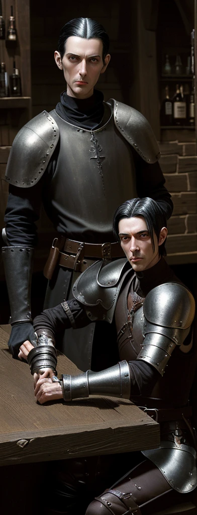 a thin man. He has black hair and is clean shaven.. He wears medieval leather armor. He has a dagger hanging on his belt.
He is sitting at the bar of a tavern.