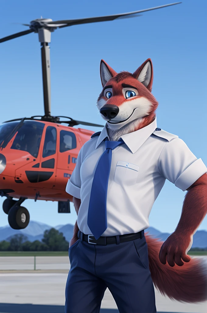 Ivan Fedorovich Wolfbach (Novosibirsk) ,высокий Beautiful, wolf,young, 24 years, brown fur,Kind,(red body:1.3),beautiful blue eyes,Novosibirsk,dressed,civil aviation pilot uniform,White shirt,epaulets командира, черный tie, trousers,airline pilot, commander&#39;s cap, trousers,canine, wolf, detailed fur, male, second, paw pads, finger claws,At the viewer, 5 fingers, paws, 5 fingers, smile, wrist watch, т nextel,by xenoforge, (difficult, high detail, digital photography, soft focus, RAW,goes for a walk, ,Very close to the camera,airport,Novosibirsk, smile, good mood, positive, Very close to the camera, plaid shirt, At the hairdresser, without hair, epaulets captain, 
Photorealism, realistic, photorealistic, digital style, Subsurface scattering,I look at the viewer,стоит White shirt, epaulets, Strips, captain, trousers, tie, nearby by helicopter, Mi-8,smile, teeth, Beautiful,close to the camera, 
masterpiece, Best quality, ultra realistic, 8 thousand.)