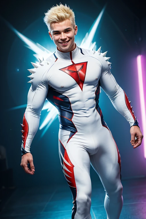 flying, young handsome muscular superhero, bright white glowing skin, bright fiery aura, with spikey blond hair, smiling, wearing white full body skin tight suit