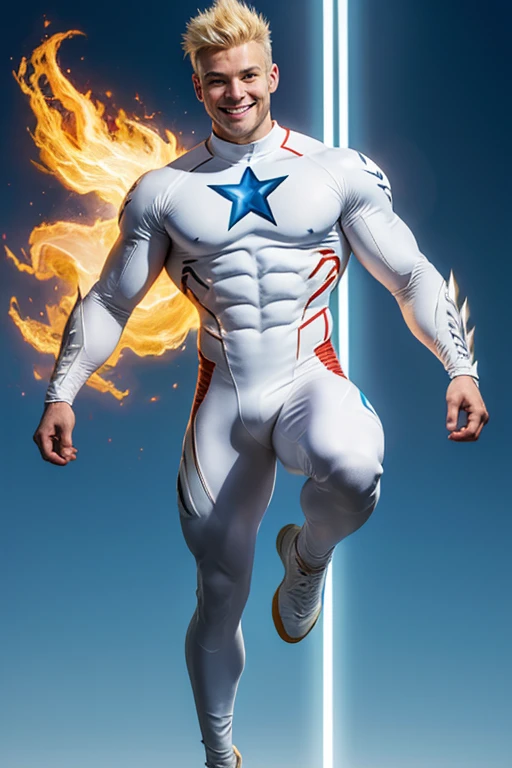 flying, young handsome muscular superhero, bright white glowing skin, bright fiery aura, with spikey blond hair, smiling, wearing white full body skin tight suit