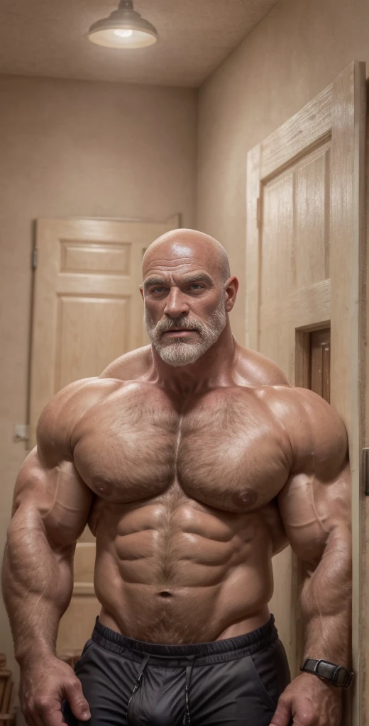 A handsome mature old Irish dad with a massive beard and no shirt standing in front of a door,bald head,hyper muscular, pumped, roids, huge pecs, arms, biceps, shoulders, male focus, centered, tan skin, dom, meticulous muscle definition, detailed face, big sexual energy, (60 years old)