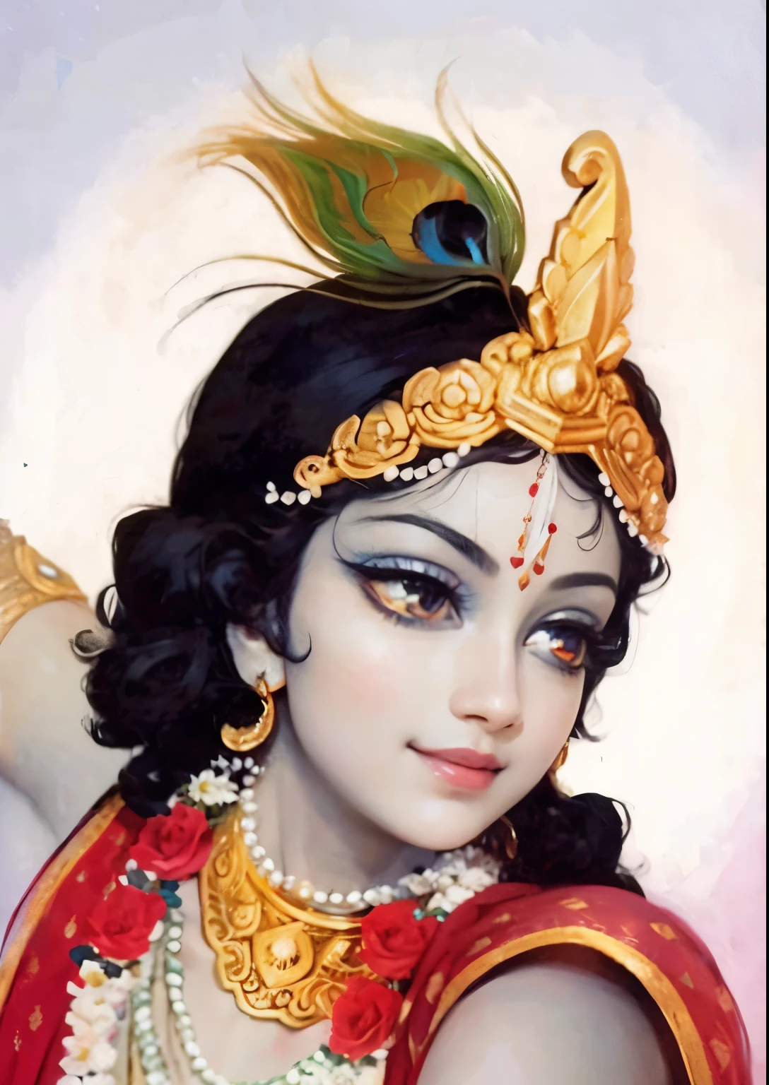 Lord Krishna, bluish skin, adorable face, lotus eyes, sidelong glance, pink lips, divine smile, curly black hairs, peacock feather, golden ornaments, red cloth, flower garland, one hand up