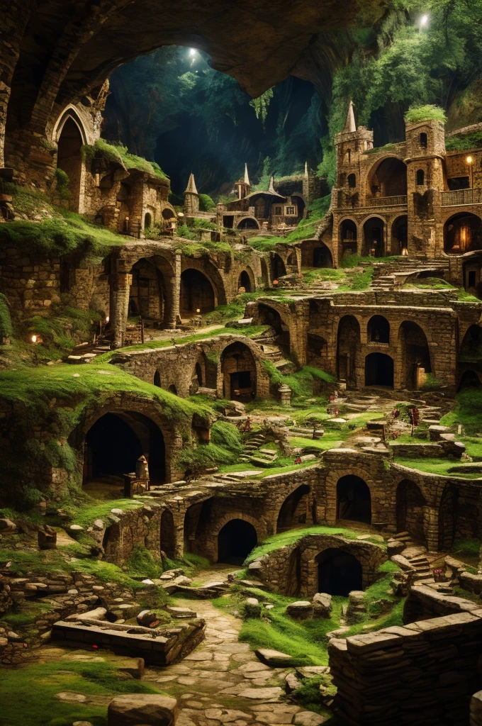 a medieval town built with roots rocks and tree limbs underground in caves along a central cavern, masterpiece, best, photo realistic