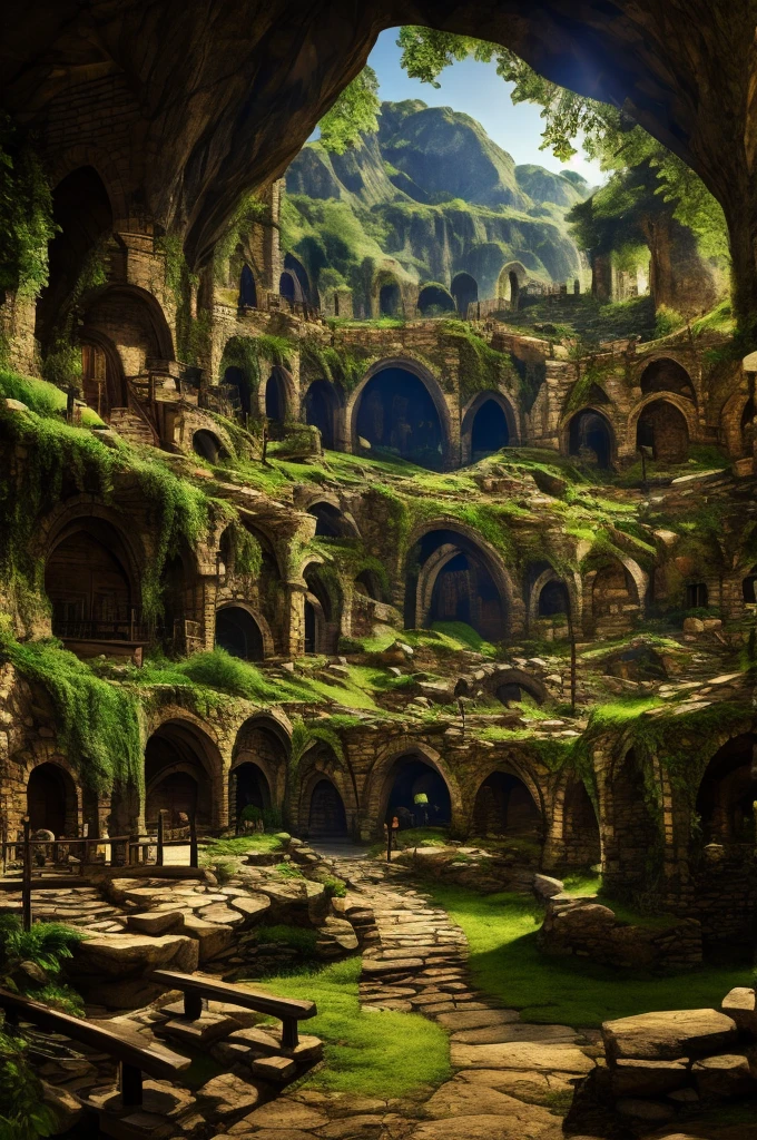 a medieval town built with roots rocks and tree limbs underground in caves along a central cavern, masterpiece, best, photo realistic