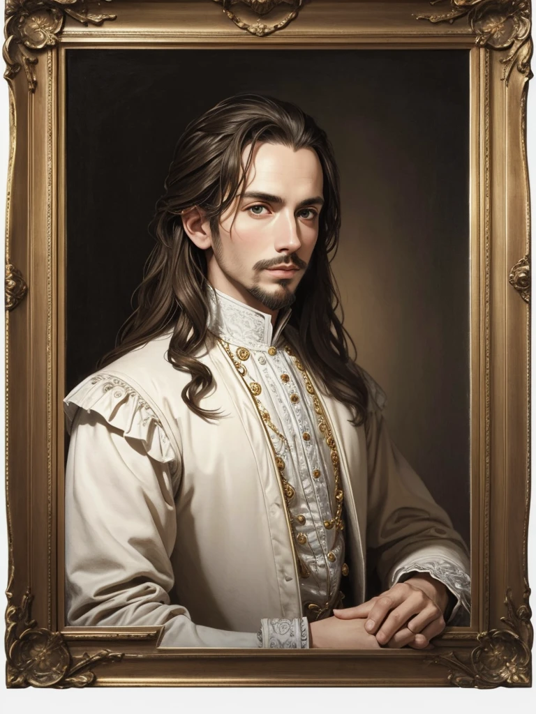 Christopher Marlowe's portrait, young, white skin, piercing blue eyes, golden-brown locks, combed back, refined features, sharp jawline, clean shaved facial hair, dignified posture, Elizabethan black velvet jacket, golden ornament, white laces, bare white neck, in a detailed ink wash illustration, sepia tones, on aged parchment paper background, without frame, Mucha style, realistic, portrait