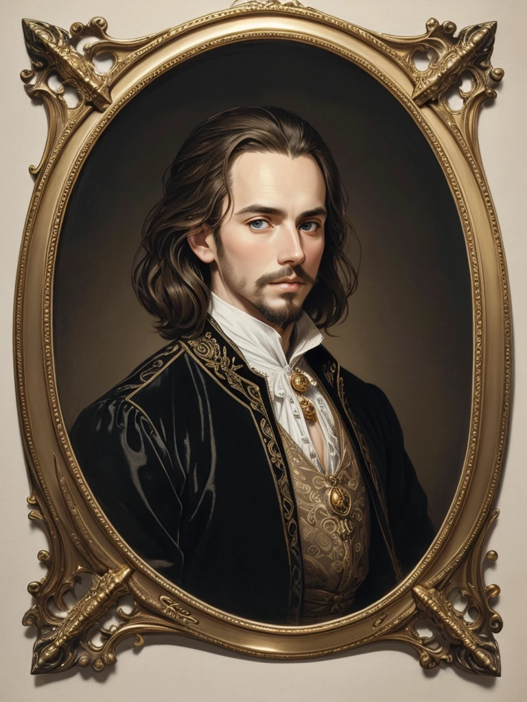 Christopher Marlowe's portrait, young, white skin, piercing blue eyes, golden-brown locks, combed back, refined features, sharp jawline, clean shaved facial hair, dignified posture, Elizabethan black velvet jacket, golden ornament, white laces, bare white neck, in a detailed ink wash illustration, sepia tones, on aged parchment paper background, without frame, Mucha style, realistic, portrait