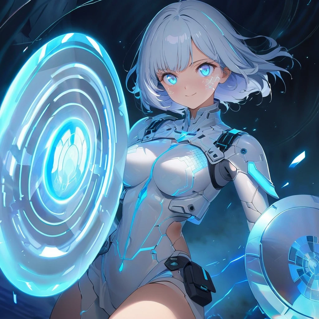 an image of a gentle girl with short, silvery-blue hair, wearing a futuristic, battle-ready outfit with glowing blue elements. She has a kind expression on her face, characterized by soft, warm eyes and a gentle smile with relaxed features. She is generating a large, translucent energy shield that shimmers with blue light, protecting herself and an area around her. The girl should be in a dynamic yet gentle pose, with one hand outstretched towards the viewer as if she's directing the shield and the other hand resting gently by her side. Her stance is strong yet relaxed, with one leg slightly bent. The background is dark and dramatic, with hints of blue light and energy waves illuminating their figures. The shield should have intricate, glowing patterns, enhancing the sense of her power and gentle control, (nude:0.8), detailed gorgeous face| anime style| key visual| intricate detail| highly detailed| breathtaking| vibrant| panoramic| cinematic| Carne Griffiths| Conrad Roset| gibbli 8k