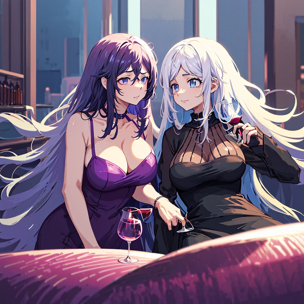 2 women one with long white hair a little wavy bright blue eyes in a sexy black dress with a glass of wine next to her a woman with long dark purple hair and bright purple eyes in a sexy black dress with a glass of wine in a club night