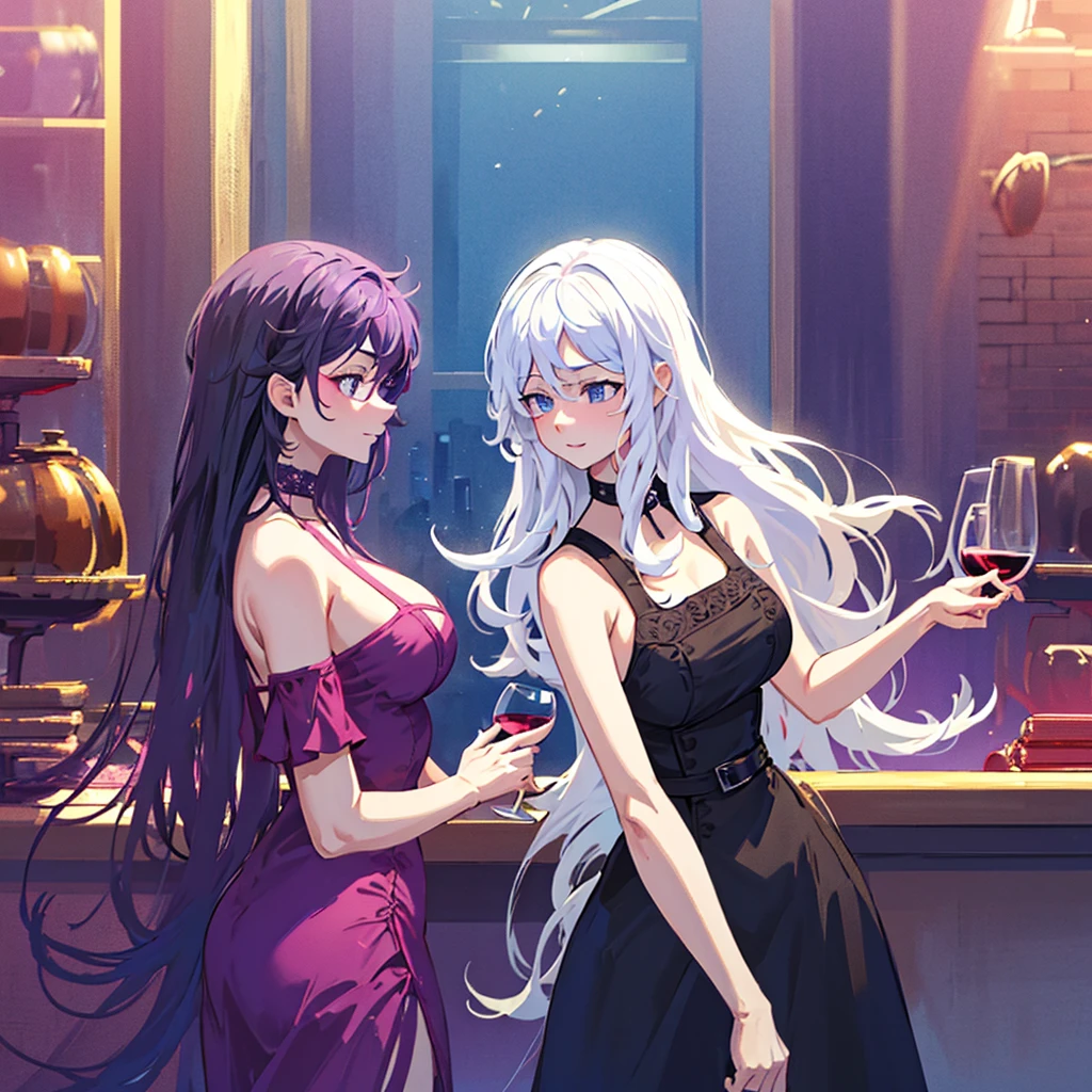 2 women one with long white hair a little wavy bright blue eyes in a sexy black dress with a glass of wine next to her a woman with long dark purple hair and bright purple eyes in a sexy black dress with a glass of wine in a club night