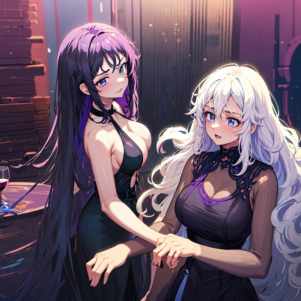 2 women one with long white hair a little wavy bright blue eyes in a sexy black dress with a glass of wine next to her a woman with long dark purple hair and bright purple eyes in a sexy black dress with a glass of wine in a club night