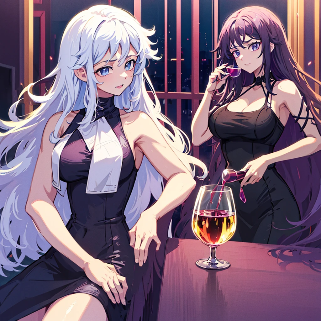 2 women one with long white hair a little wavy bright blue eyes in a sexy black dress with a glass of wine next to her a woman with long dark purple hair and bright purple eyes in a sexy black dress with a glass of wine in a club night