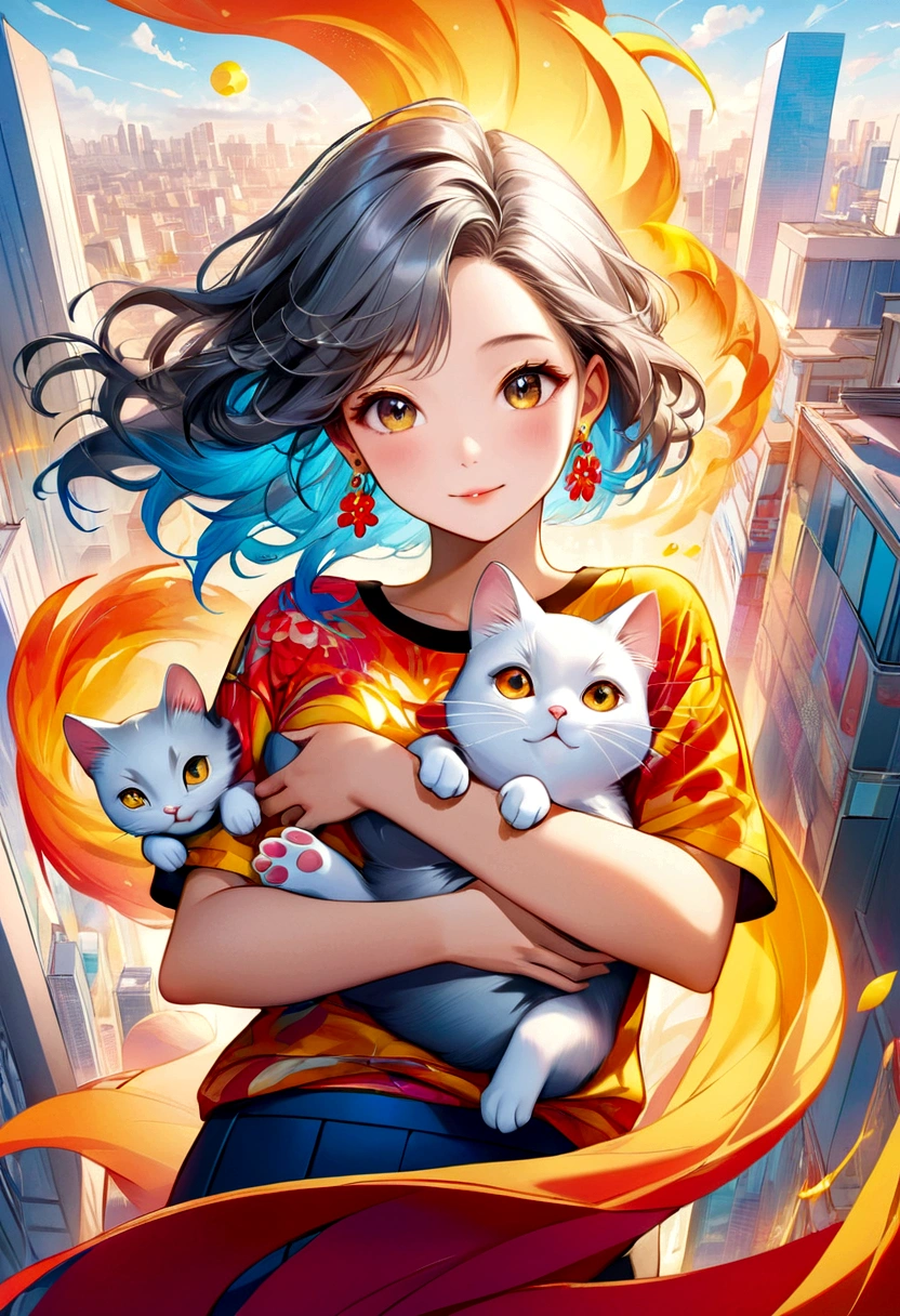 A stunning top-down illustration captures the essence of happiness as a beautiful Asian woman, radiating joy,  tenderly cradles a small yellow cat in her arms, She dons a vibrant, patterned colorful t-shirt and sparkling silver earrings, her hair flowing down her shoulders. The background showcases a vivid, urban landscape with modern architecture, set against a fiery red hue. The entire piece exudes energy and charm, masterfully rendered in a detailed 3D style, blending fashion, vibrant colors, and conceptual art elements., 3d render, conceptual art, fashion, vibrant, illustration