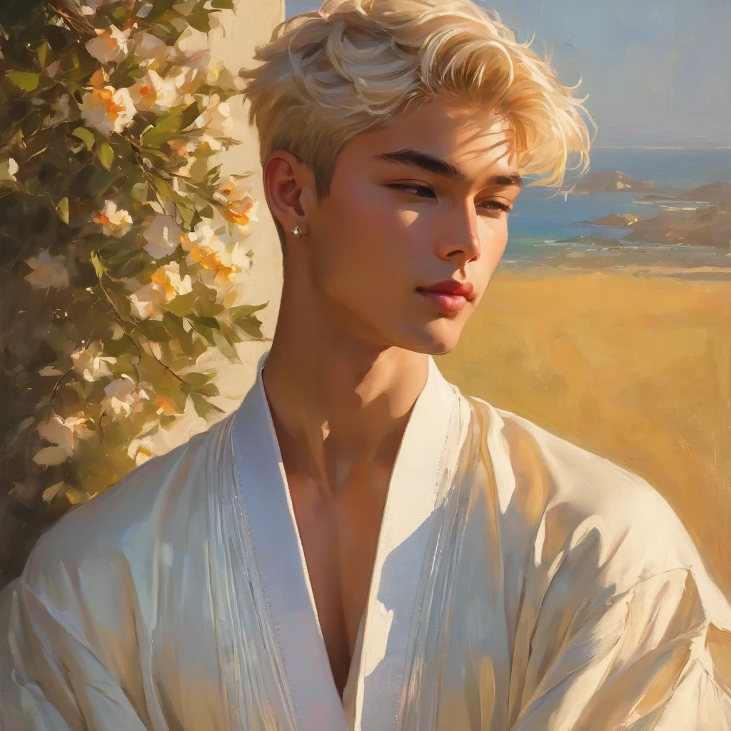 Candid Vogue fashion photography of mixed Latino and Japanese male supermodel, 23 year old, an attractive and charming, masculine appearance, slender, short platinum blonde hair, masculine appearance with slender physique, small pectorals, symmetric face, natural olive skin tone exudes youthfulness and athleticism, he is very photogenic, Position against an ornate dark background featuring a framed floral painting to add depth and richness to the scene, (He wears an open luxurious white and rainbow color patterned whit  slim pants), semi hard bulge, His expression is serene and slightly introspective, with a soft smile, confident gaze directed slightly off-camera, Utilize natural soft lighting streaming in from a window, casting gentle highlights and shadows that accentuate the contours of his face and the texture of his robe, The light creates a warm intimate atmosphere with a soft golden tone that enhances his skin, The interplay of light and shadow adds depth and dimension to the scene, slightly blurred focus background bringing him into sharp clear detail while the rich tones of the background enhance the overall opulence of the image. Capture full-body short, dynamic angle, using a Canon EOS R6 and Sigma AF 85mm F1.4 EX DG HSM lens by Thomas Synnamon, Employ a shallow depth of field to focus closely on his face and body, Draw inspiration from high-fashion photographer, emphasize detail, texture and a sophisticated luxurious atmosphere, Emphasize the golden warm lighting and its effect on enhancing his features and the robe's rich textures, creating a visually captivating and elegant portrait that exudes warmth and sophistication, The overall mood blend the classical elegance of the modern, high-fashion aesthetic, producing an image that feels both timeless and contemporary, raw photo, masterpiece, best quality, Correct body structure, Correct photo distance, LGBTQ,
