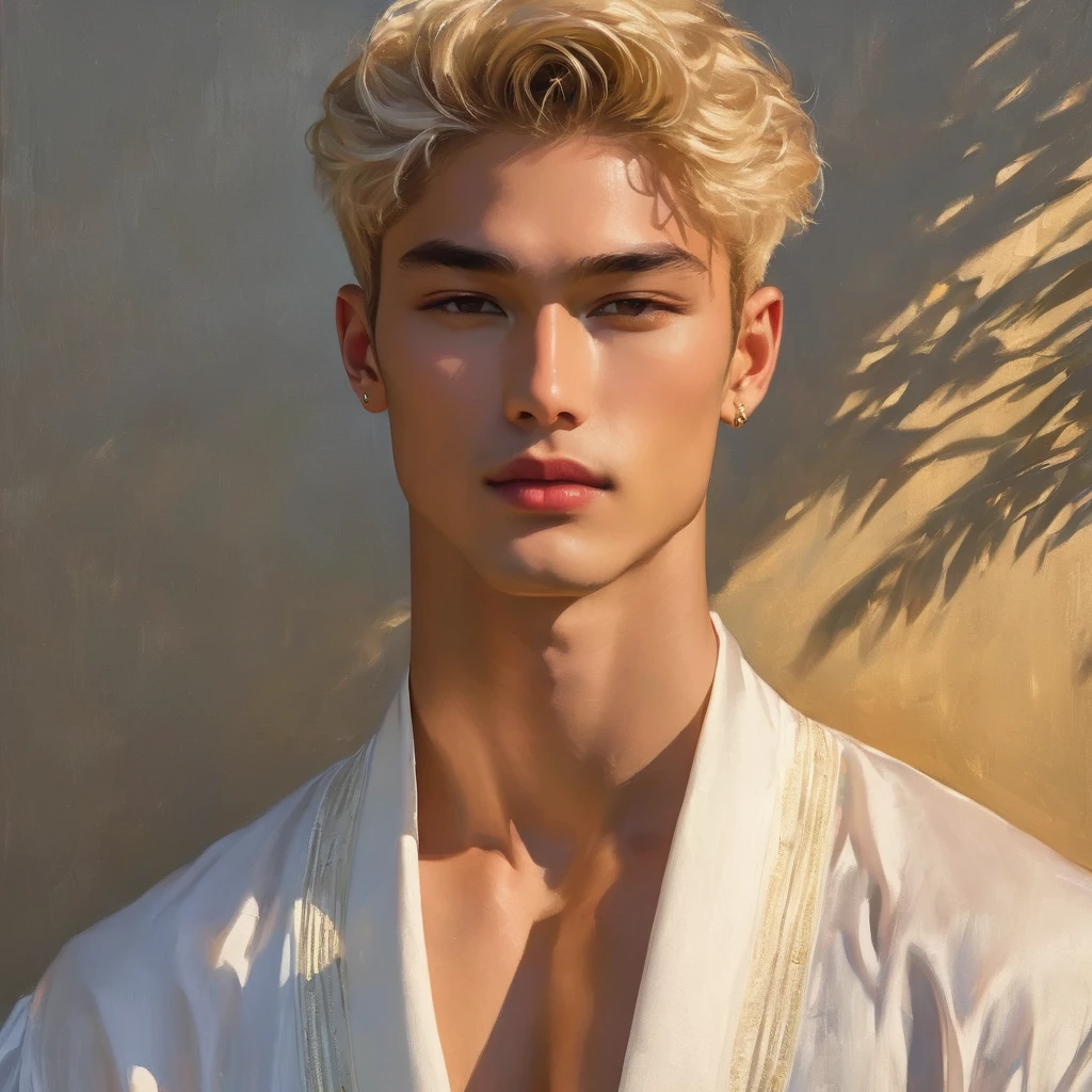 Candid Vogue fashion photography of mixed Latino and Japanese male supermodel, 23 year old, an attractive and charming, masculine appearance, slender, short platinum blonde hair, masculine appearance with slender physique, small pectorals, symmetric face, natural olive skin tone exudes youthfulness and athleticism, he is very photogenic, Position against an ornate dark background featuring a framed floral painting to add depth and richness to the scene, (He wears an open luxurious white and rainbow color patterned whit slim pants), semi hard bulge, His expression is serene and slightly introspective, with a soft smile, confident gaze directed slightly off-camera, Utilize natural soft lighting streaming in from a window, casting gentle highlights and shadows that accentuate the contours of his face and the texture of his robe, The light creates a warm intimate atmosphere with a soft golden tone that enhances his skin, The interplay of light and shadow adds depth and dimension to the scene, slightly blurred focus background bringing him into sharp clear detail while the rich tones of the background enhance the overall opulence of the image. Capture full-body short, dynamic angle, using a Canon EOS R6 and Sigma AF 85mm F1.4 EX DG HSM lens by Thomas Synnamon, Employ a shallow depth of field to focus closely on his face and body, Draw inspiration from high-fashion photographer, emphasize detail, texture and a sophisticated luxurious atmosphere, Emphasize the golden warm lighting and its effect on enhancing his features and the robe's rich textures, creating a visually captivating and elegant portrait that exudes warmth and sophistication, The overall mood blend the classical elegance of the modern, high-fashion aesthetic, producing an image that feels both timeless and contemporary, raw photo, masterpiece, best quality, Correct body structure, Correct photo distance, LGBTQ,