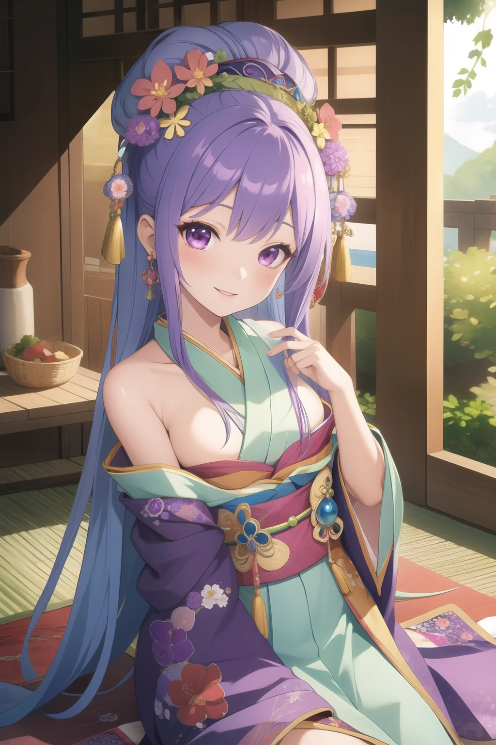 (masterpiece, best quality:1.2), Intricate details, Spirit Flower Soraka, 1 Girl, Purple Skin, Skin of color, Single speaker, kimono, Hair accessories, Bare shoulders, Smile