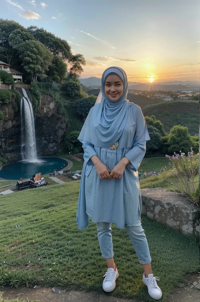 a woman wearing a pasminah hijab, wearing a blue hodi, jeans, white shoes. Picture pose standing on the grass, smiling. With a beautiful sunset view, with a blue mountain visible behind her, and a blue waterfall flowing from the hill behind her. Beside it, the view is very beautiful and enchanting.