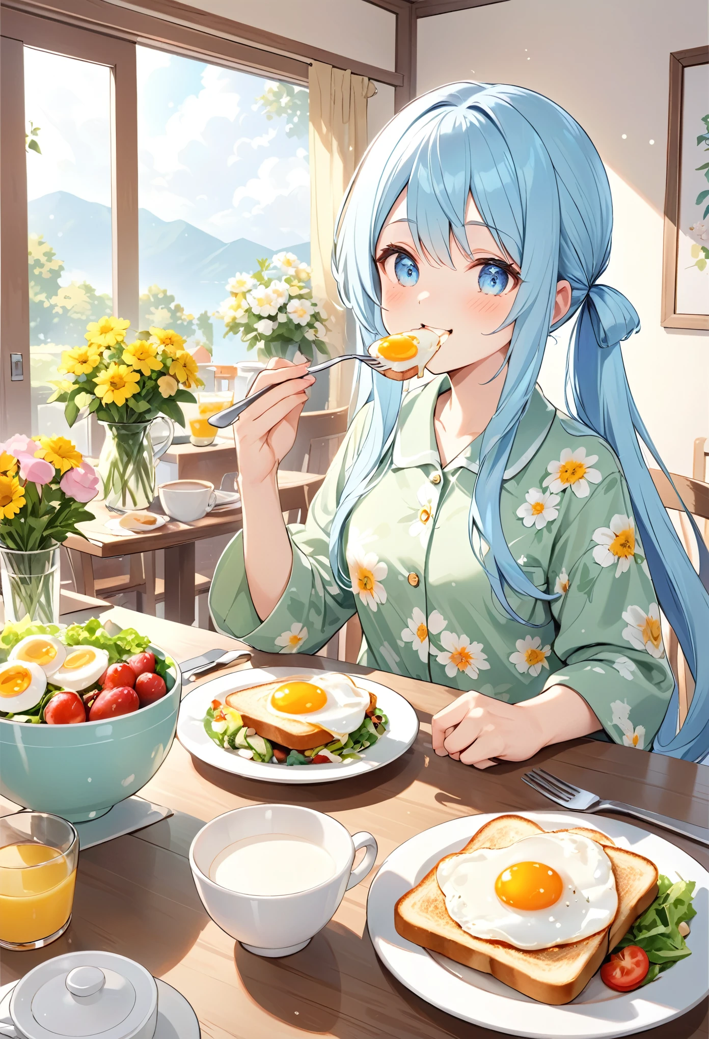 Light blue long hair、Twin-tailed Girl、Green pajamas with floral print、Eating breakfast in a sunny dining room、toast、Fried egg、salad、Delicious face、milk、The table is decorated with lots of margaret flowers.。