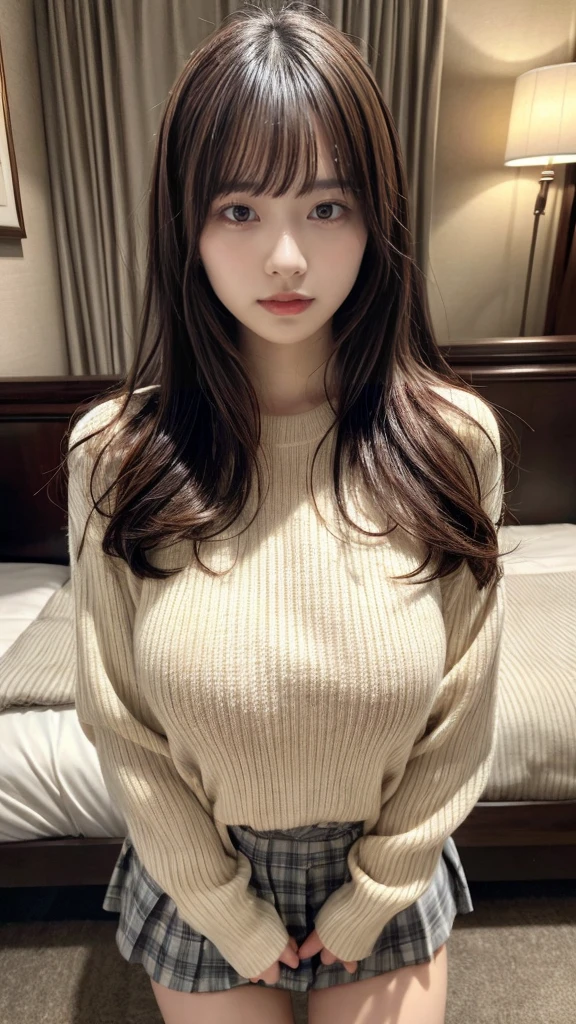 masterpiece, best quality, illustration, Super detailed, fine details, High resolution, 8K,wall paper, perfect dynamic composition,(Details High quality, realistic depiction of eyes:1.3), Long sleeve shirt、Hair length、A fluffy white sweater, hotel room, black hair color, Big Natural Color Lip, sexy pose, crying a little、Harajuku style、20 year old girl、cute type、ta, hposing Gravure Idol, full body photo, huge breasts