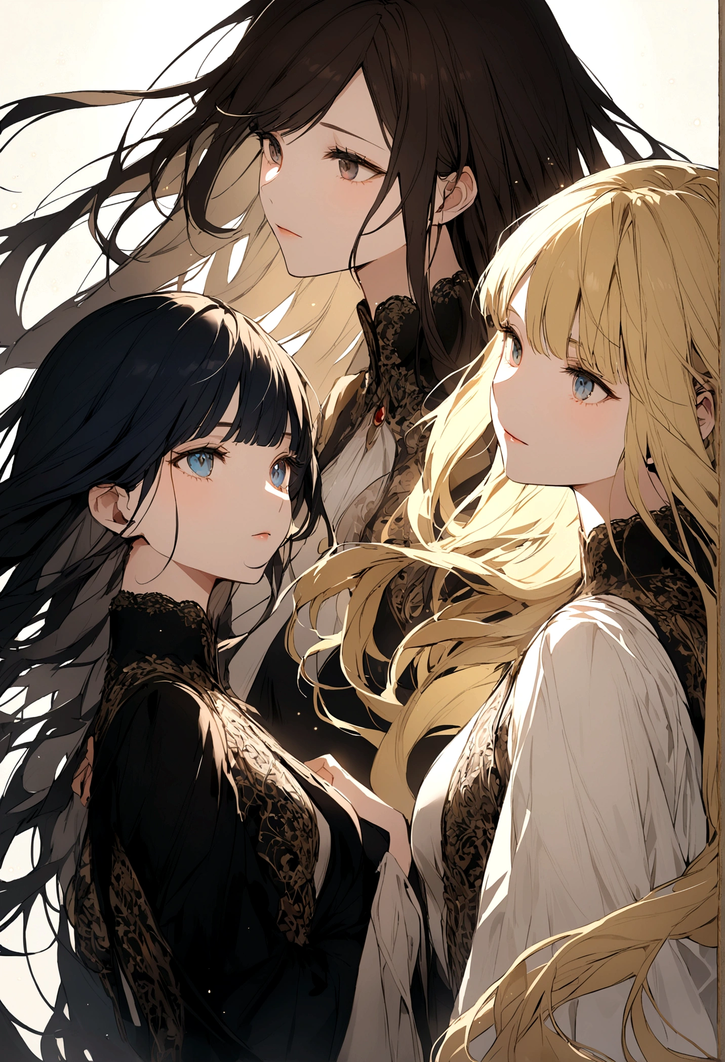 Four sisters, one with short black hair, another with brown hair, another with dark blue hair, and the last one is blonde with long hair.