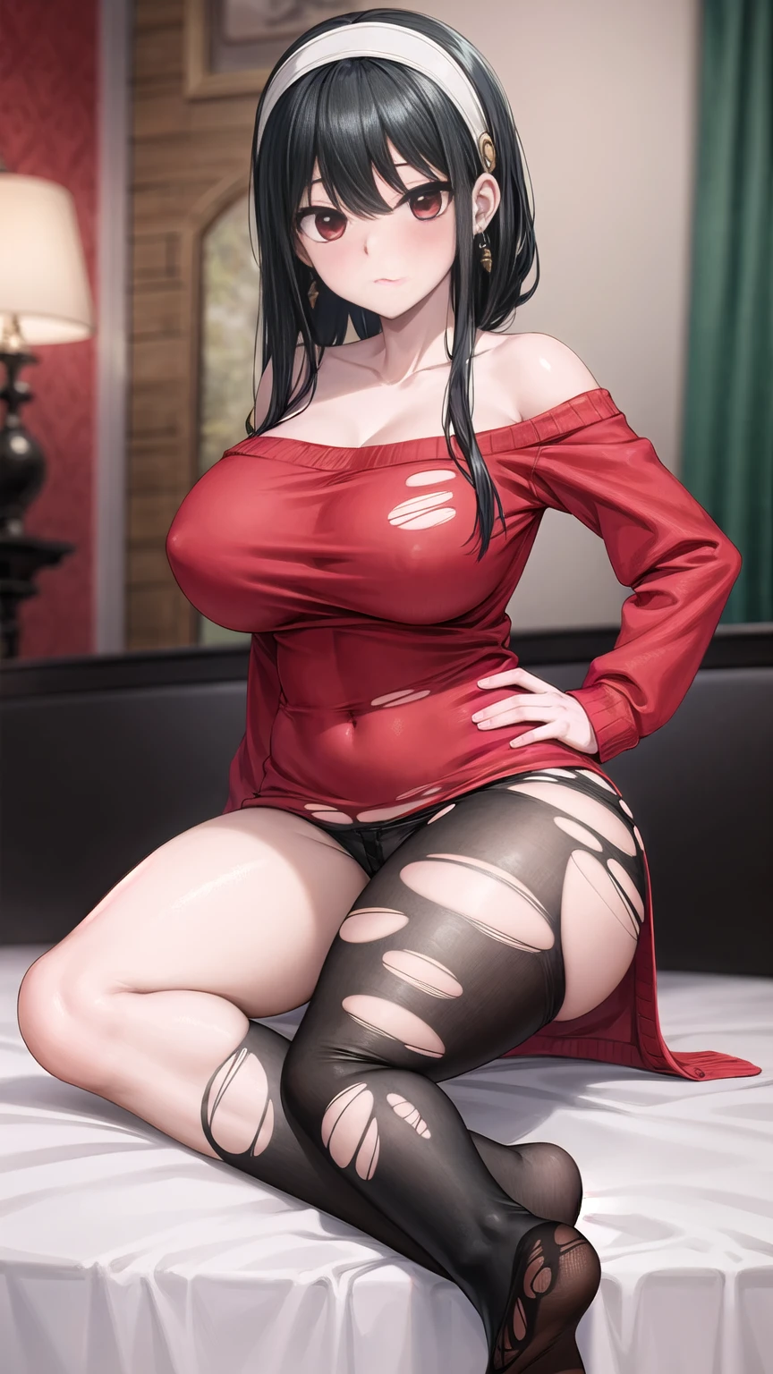 Masterpiece, best quality, beautiful details, perfect focus, uniform 8K wallpaper, 4320p, high resolution, exquisite texture in every detail, Medium shot photograph, looking at the viewer, alone, a woman dressed in a sweater dress, red sweater, off-the-shoulder sweater, red sweater, shorts hair, bangs, black hair, side locks, indoors, off the shoulder, white headband, earrings, gold earrings, red eyes, blush, blushing, embarrassed:0.8, closed mouth, collarbone, bare shoulders, gigantic , round breastsdown, hands on hips, well drawn and drawn hands:0.8, hidden hands, waist, navel, big thighs, black pantsu, pussy.detailede up, thigh band pantyhose, black pase, 2 feet, well and drawn feet:0.8, no shoes, soles, toes, focus on feet, 5 toes on both feet, well drawn and drawn toes:0.8, sexy, ((((torn clothes:1.2)))(lying in bed)), bedroom background:1.3,yor briar, nsfw,