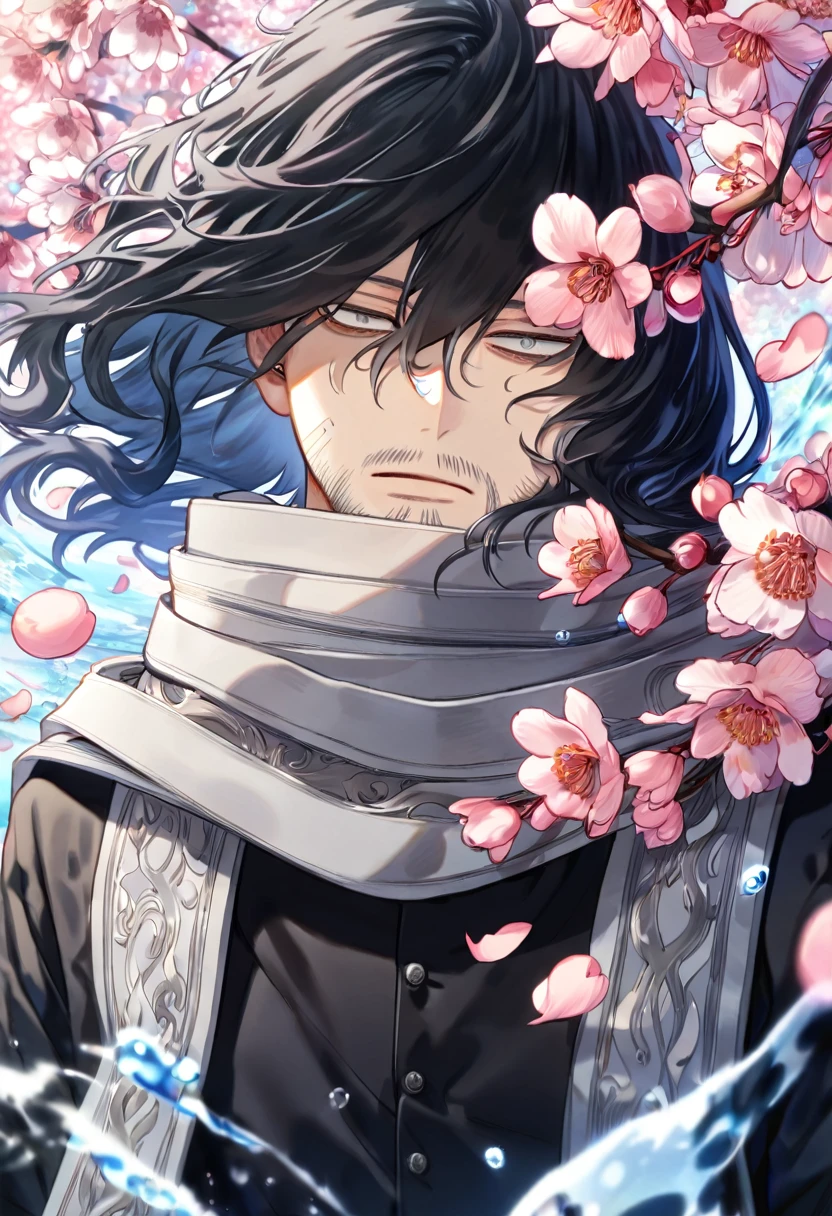 absurdres, highres, ultra detailed, HDR, master piece, Eraser Head, black hair, medium-lenght hair, expressive grey eyes, grey scarf, faint beard, Boku No Hero Academia, sexy man, handsome, best quality, blossoms, pink petals, pink flowers, water, fantasy, magical, blue shining fireflies, solo, black clothes