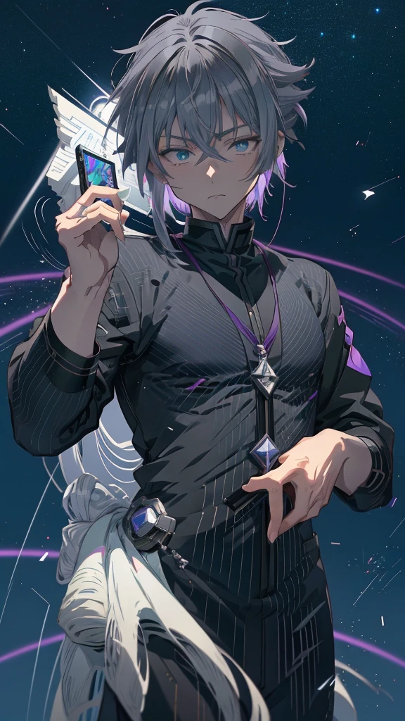 Anime guy with purple hair and green eyes holding a cell phone, Hajime Yatate, Male Anime Style, He has dark grey hair, Male Anime Characters, 2D Anime Style, Inspired by Hiro Yamagata, Handsome anime pose, Anime Shōnen, Anime Handsome Man, Neferpitou, Beautiful androgynous prince, Tall anime guy with blue eyes