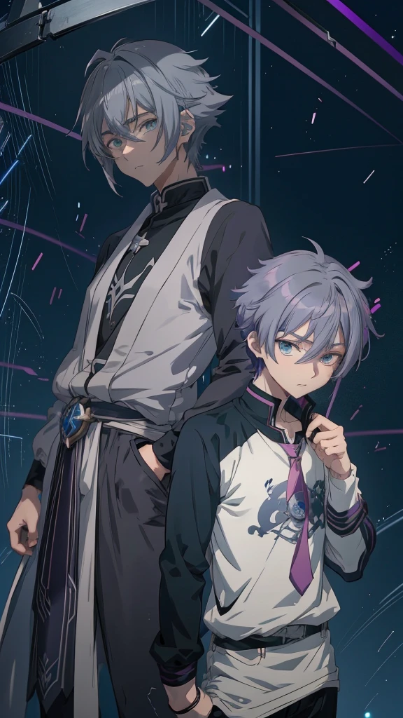 Anime guy with purple hair and green eyes holding a cell phone, Hajime Yatate, Male Anime Style, He has dark grey hair, Male Anime Characters, 2D Anime Style, Inspired by Hiro Yamagata, Handsome anime pose, Anime Shōnen, Anime Handsome Man, Neferpitou, Beautiful androgynous prince, Tall anime guy with blue eyes